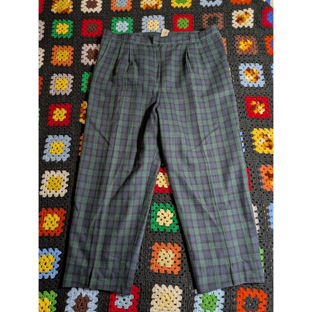Vintage Tartan Wool Pants Green Blue Plaid Trousers Women's 24W